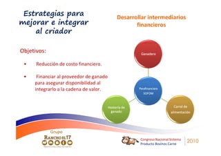 Estrategias para                        Desarrollar intermediarios
mejorar e integrar                              financieros
    al criador

Objetivos:

 •    Reducción de costo financiero.

 •    Financiar al proveedor de ganado
     para asegurar disponibilidad al
     integrarlo a la cadena de valor.




             Grupo
                                                 Congreso Nacional Sistema
                                                 Producto Bovinos Carne
                                                                             2010
 
