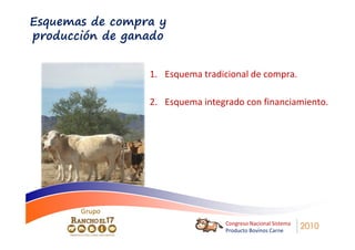 Esquemas de compra y
producción de ganado


                 1. Esquema tradicional de compra.

                 2. Esquema integrado con financiamiento.




       Grupo
                                  Congreso Nacional Sistema
                                  Producto Bovinos Carne
                                                              2010
 