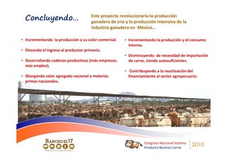 Concluyendo…                        Este proyecto revolucionaría la producción
                                      ganadera de cría y la producción intensiva de la
                                      industria ganadera en México…

• Incrementando la producción y su valor comercial.   • Incrementando la producción y el consumo
                                                        interno.
• Elevando el ingreso al productor primario.
                                                      • Disminuyendo de necesidad de importación
• Desarrollando cadenas productivas (más empresas,      de carne, siendo autosuficientes.
  más empleo).
                                                      • Contribuyendo a la reactivación del
• Otorgando valor agregado nacional a materias          financiamiento al sector agropecuario.
  primas nacionales.




                                                                Congreso Nacional Sistema
                                                                Producto Bovinos Carne
                                                                                            2010
 