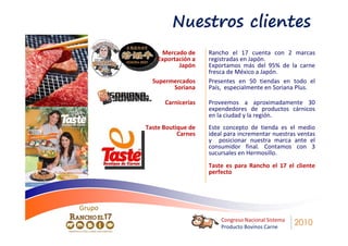 Nuestros clientes
             Mercado de     Rancho el 17 cuenta con 2 marcas
            Exportación a   registradas en Japón.
                   Japón    Exportamos más del 95% de la carne
                            fresca de México a Japón.
          Supermercados     Presentes en 50 tiendas en todo el
                Soriana     País, especialmente en Soriana Plus.

              Carnicerías   Proveemos a aproximadamente 30
                            expendedores de productos cárnicos
                            en la ciudad y la región.
        Taste Boutique de   Este concepto de tienda es el medio
                   Carnes   ideal para incrementar nuestras ventas
                            y posicionar nuestra marca ante el
                            consumidor final. Contamos con 3
                            sucursales en Hermosillo.
                            Taste es para Rancho el 17 el cliente
                            perfecto




Grupo
                                Congreso Nacional Sistema
                                Producto Bovinos Carne
                                                            2010
 