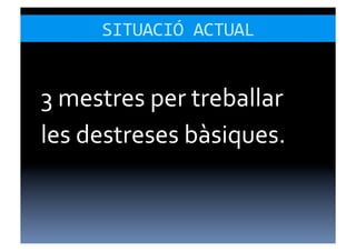 SITUACIÓ	
  ACTUAL	
  


3	
  mestres	
  per	
  treballar	
  
les	
  destreses	
  bàsiques.	
  
 
