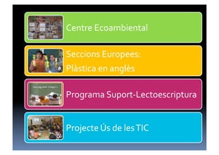 Centre	
  Ecoambiental	
  

Seccions	
  Europees:	
  	
  
Plàstica	
  en	
  anglès	
  

Programa	
  Suport-­‐Lectoescriptura	
  


Projecte	
  Ús	
  de	
  les	
  TIC	
  
 