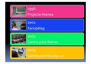 1996:	
  
Projecte	
  Atenea	
  

2001:	
  
Xarxipèlag	
  

2005:	
  
Centre	
  pilot	
  Red.es	
  

2009:	
  
Centre	
  pilot	
  Escola	
  2.0	
  
 