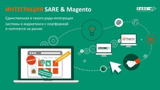 ИНТЕГРАЦИЯ SARE & Magento
Единственная в такого рода интеграция
системы e-маркетинга с платформой
e-commerce на рынке
 