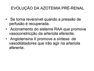 EVOLUÇÃO DA AZOTEMIA PRÉ-RENAL Se torna reversível quando a pressão de perfusão é recuperada. Acionamento do sistema RAA que promove vasoconstricção da arteríola eferente; Angiotensina II promove a síntese  de vasodilatadores que irão agir na arteriola aferente. 