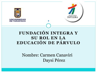 FUNDACIÓN INTEGRA Y
SU ROL EN LA
EDUCACIÓN DE PÁRVULO
,
Nombre: Carmen Canaviri
Daysi Pérez
 