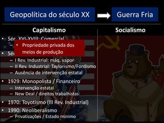 Geopolítica do século XX
Capitalismo
• Séc. XVI-XVIII: Comercial
– Colonização, metalismo
• Séc. XVIII-XIX: Industrial/Liberal
– I Rev. Industrial: máq. vapor
– II Rev. Industrial: Taylorismo/Fordismo
– Ausência de intervenção estatal
• 1929: Monopolista / Financeiro
– Intervenção estatal
– New Deal / direitos trabalhistas
• 1970: Toyotismo (III Rev. Industrial)
• 1990: Neoliberalismo
– Privatizações / Estado mínimo
Socialismo
Guerra Fria
• Propriedade privada dos
meios de produção
 