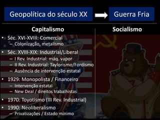Geopolítica do século XX
Capitalismo
• Séc. XVI-XVIII: Comercial
– Colonização, metalismo
• Séc. XVIII-XIX: Industrial/Liberal
– I Rev. Industrial: máq. vapor
– II Rev. Industrial: Taylorismo/Fordismo
– Ausência de intervenção estatal
• 1929: Monopolista / Financeiro
– Intervenção estatal
– New Deal / direitos trabalhistas
• 1970: Toyotismo (III Rev. Industrial)
• 1990: Neoliberalismo
– Privatizações / Estado mínimo
Socialismo
Guerra Fria
 