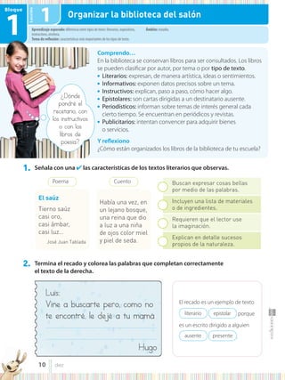 Lección
El recado es un ejemplo de texto
literario epistolar porque
es un escrito dirigido a alguien
ausente presente .
Aprendizaje esperado: diferencia entre tipos de texto: literarios, expositivos,
instructivos, etcétera.
Tema de reflexión: características más importantes de los tipos de texto.
Ámbito: estudio.
Organizar la biblioteca del salón
1
Bloque
1
Comprendo…
En la biblioteca se conservan libros para ser consultados. Los libros
se pueden clasificar por autor, por tema o por tipo de texto.
● Literarios: expresan, de manera artística, ideas o sentimientos.
● Informativos: exponen datos precisos sobre un tema.
● Instructivos: explican, paso a paso, cómo hacer algo.
● Epistolares: son cartas dirigidas a un destinatario ausente.
● Periodísticos: informan sobre temas de interés general cada
cierto tiempo. Se encuentran en periódicos y revistas.
● Publicitarios: intentan convencer para adquirir bienes
o servicios.
Y reflexiono
¿Cómo están organizados los libros de la biblioteca de tu escuela?
1. Señala con una ✔ las características de los textos literarios que observas.
2. Termina el recado y colorea las palabras que completan correctamente
el texto de la derecha.
El saúz
Tierno saúz
casi oro,
casi ámbar,
casi luz…
José Juan Tablada
Había una vez, en
un lejano bosque,
una reina que dio
a luz a una niña
de ojos color miel
y piel de seda.
Poema Cuento Buscan expresar cosas bellas
por medio de las palabras.
Incluyen una lista de materiales
o de ingredientes.
Requieren que el lector use
la imaginación.
Explican en detalle sucesos
propios de la naturaleza.
¿Dónde
pondré el
recetario, con
los instructivos
o con los
libros de
poesía?
Luis:
Vine a buscarte pero, como no
te encontré, le dejé a tu mamá.
.......................................................................................................................
.......................................................................................................................
Hugo
10 diez
 