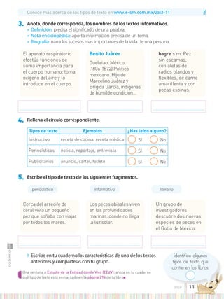 TIC
Una ventana a Estudio de la Entidad donde Vivo (EEdV): anota en tu cuaderno
qué tipo de texto está enmarcado en la página 296 de tu libro■
Conoce más acerca de los tipos de texto en www.e-sm.com.mx/2ai3-11
4. Rellena el círculo correspondiente.
Tipos de texto Ejemplos ¿Has leído alguno?
Instructivo receta de cocina, receta médica Sí No
Periodísticos noticia, reportaje, entrevista Sí No
Publicitarios anuncio, cartel, folleto Sí No
5. Escribe el tipo de texto de los siguientes fragmentos.
◗ Escribe en tu cuaderno las características de uno de los textos
anteriores y compártelas con tu grupo.
Los peces abisales viven
en las profundidades
marinas, donde no llega
la luz solar.
Cerca del arrecife de
coral vivía un pequeño
pez que soñaba con viajar
por todos los mares.
Un grupo de
investigadores
descubre dos nuevas
especies de peces en
el Golfo de México.
Identifico algunos
tipos de texto que
contienen los libros.
.................................................................................. .......................................................................
.......................................................................
periodístico informativo literario
3. Anota, donde corresponda, los nombres de los textos informativos.
● Definición: precisa el significado de una palabra.
● Nota enciclopédica: aporta información precisa de un tema.
● Biografía: narra los sucesos más importantes de la vida de una persona.
Benito Juárez
Guelatao, México,
(1806-1872) Político
mexicano. Hijo de
Marcelino Juárez y
Brígida García, indígenas
de humilde condición…
El aparato respiratorio
efectúa funciones de
suma importancia para
el cuerpo humano: toma
oxígeno del aire y lo
introduce en el cuerpo.
bagre s.m. Pez
sin escamas,
con aletas de
radios blandos y
flexibles, de carne
amarillenta y con
pocas espinas.
.................................................................................. .......................................................................
.......................................................................
11
once
 