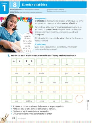 Lección
Bloque
1
1. Escribe las letras mayúsculas o minúsculas que falten y haz lo que se indica.
A a B b
be ce che de
efe ge hache jota ka
ele elle eme ene eñe
pe cu erre ese te
uve doble u equis ye zeta
◗ Anota en el círculo el número de letras de la lengua española.
◗ Pinta con azul la letra con que comienza tu nombre.
◗ Escribe con rojo los nombres de las vocales.
◗ Lee varias veces las letras del alfabeto en orden.
8
Comprendo…
El alfabeto es el conjunto de letras de una lengua; a la forma
en que están colocadas se le llama orden alfabético.
Para ordenar alfabéticamente varias palabras se debe tener
en cuenta su primera letra; si hay dos o más palabras que
se inicien con la misma letra, entonces se considerará
la segunda.
El orden alfabético permite localizar información de manera
rápida y sencilla.
Y reflexiono
¿Qué libros o documentos presentan su información
ordenada alfabéticamente?
Las
páginas
de este
libro están
marcadas
con las
letras de la
A a la Z.
Aprendizaje esperado: localiza información específica empleando
el orden alfabético.
Tema de reflexión: uso del orden alfabético • utilidad del orden alfabético
para organizar los datos de un directorio.
Ámbito: participación comunitaria y familiar.
El orden alfabético
24 veinticuatro
 