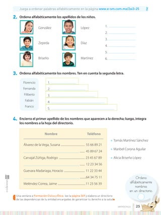 TIC
Ordeno
alfabéticamente
nombres
en un directorio.
Una ventana a Formación Cívica y Ética: lee la página 349 y elabora un directorio
de las dependencias de tu entidad encargadas de garantizar tu derecho a la salud■
2. Ordena alfabéticamente los apellidos de los niños.
González
Zepeda
Briseño
López
Díaz
Martínez
1. ....................................................
2. ....................................................
3......................................................
4. ....................................................
5. ....................................................
6. ....................................................
1. ................................................
2. ..................................................................
3. ....................................................................................
4. ......................................................................................................
5. .........................................................................................................................
3. Ordena alfabéticamente los nombres. Ten en cuenta la segunda letra.
4. Encierra el primer apellido de los nombres que aparecen a la derecha; luego, integra
los nombres a la hoja del directorio.
Juega a ordenar palabras alfabéticamente en la página www.e-sm.com.mx/2ai3-25
● Tomás Martínez Sánchez
● Maribel Corona Aguilar
● Alicia Briseño López
Florencio
Fernanda
Filiberto
Fabián
Franco
Nombre Teléfono
Álvarez de la Vega, Susana ....................................... 55 66 89 21
.......................................................................................................... ........ 45 89 67 24
Carvajal Zúñiga, Rodrigo .......................................... 23 45 67 89
.......................................................................................................... ........ 12 23 34 56
Guevara Madariaga, Horacio .................................. 11 22 33 44
.......................................................................................................... ..........64 34 75 11
Meléndez Correa, Jaime .............................................11 23 56 39
25
veinticinco
 