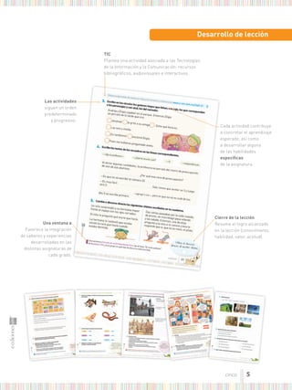 desarrollo de lección
tic
Plantea una actividad asociada a las Tecnologías
de la Información y la Comunicación: recursos
bibliográﬁcos, audiovisuales e interactivos.
las actividades
siguen un orden
predeterminado
y progresivo.
una ventana a
Favorece la integración
de saberes y experiencias
desarrolladas en las
distintas asignaturas de
cada grado.
cierre de la lección
Resume el logro alcanzado
en la lección (conocimiento,
habilidad, valor, actitud).
Cada actividad contribuye
a concretar el aprendizaje
esperado, así como
a desarrollar alguna
de las habilidades
especíﬁcas
de la asignatura.
5
cinco
 