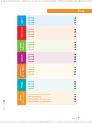 español
bloque 1
bloque 2
bloque 3
bloque 4
bloque 5
10
30
50
80
96
matemáticas
bloque 1
bloque 2
bloque 3
bloque 4
bloque 5
108
132
154
172
188
ciencias
naturales
bloque 1
bloque 2
bloque 3
bloque 4
bloque 5
206
218
232
244
258
geografía
bloque 1
bloque 2
bloque 3
bloque 4
bloque 5
268
278
288
298
308
formación
cívica
y
Ética
bloque 1
bloque 2
bloque 3
bloque 4
bloque 5
320
328
336
344
352
inglés
bloque 1
bloque 2
bloque 3
bloque 4
bloque 5
362
368
374
380
386
temas
transversales
formación económica y financiera
educación ambiental
educación para la paz
educación para la interculturalidad
educación para la equidad de género
394
398
404
408
412
índice
7
siete
 