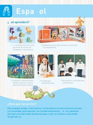 Espa ol
Para emplear el espa ol de manera e ectiva tanto en la casa como en la escuela
y la comunidad para expresar con claridad sentimientos ec os y opiniones
para leer y escribir textos de diversos tipos y utili ar la lectura como medio
de aprendi a e.
¿Para qué me servirá?
¿ ué aprenderé?
◗ Escribiré gran
variedad de textos.
◗ Participaré en conversaciones
y exposiciones.
◗ e exionaré acerca de cómo
funcionan las normas de
ortografía y su importancia.
◗ Emplearé muchos tipos de texto y reconoceré
sus características.
◗ Analizaré y disfrutaré textos
literarios: poemas, cuentos,
guiones de teatro, etcétera.
 