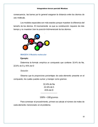 Integradora tercer parcial: Wonkas
18
consecuencia, las barras por lo general exageran la distancia entre los átomos de
una molécula.
Los modelos espaciales son más exactos porque muestran la diferencia del
tamaño de los átomos. El inconveniente es que su construcción requiere de más
tiempo y no muestran bien la posición tridimensional de los átomos.
IMAGEN 8 Modelo molecular
Ejemplo:
Determina la formula empírica un compuesto que contiene 32.4% de Na,
22.6% de S y 45% de O
Solución
Observa que te proporciona porcentajes de cada elemento presente en el
compuesto, los cuales puedes sumar y manejar como gramos:
32.4% de Na
22.6% de S
45% de O
-----------------------
100% = 100 gramos
Para comenzar el procedimiento, primero se calcula el número de moles de
cada elemento mencionado en el problema.
 