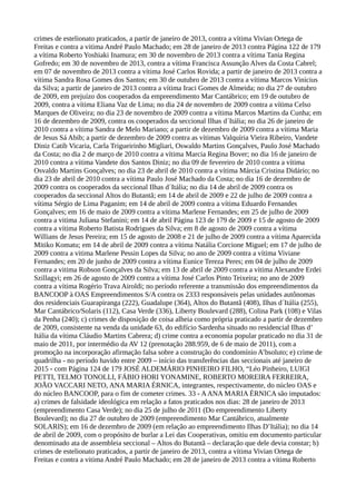 crimes de estelionato praticados, a partir de janeiro de 2013, contra a vítima Vivian Ortega de
Freitas e contra a vitima André Paulo Machado; em 28 de janeiro de 2013 contra Página 122 de 179
a vítima Roberto Yoshiaki Inamura; em 30 de novembro de 2013 contra a vítima Tania Regina
Gofredo; em 30 de novembro de 2013, contra a vítima Francisca Assunção Alves da Costa Cabrel;
em 07 de novembro de 2013 contra a vítima José Carlos Rovida; a partir de janeiro de 2013 contra a
vítima Sandra Rosa Gomes dos Santos; em 30 de outubro de 2013 contra a vítima Marcos Vinícius
da Silva; a partir de janeiro de 2013 contra a vítima Iraci Gomes de Almeida; no dia 27 de outubro
de 2009, em prejuízo dos cooperados da empreendimento Mar Cantábrico; em 19 de outubro de
2009, contra a vítima Eliana Vaz de Lima; no dia 24 de novembro de 2009 contra a vítima Celso
Marques de Oliveira; no dia 23 de novembro de 2009 contra a vítima Marcos Martins da Cunha; em
16 de dezembro de 2009, contra os cooperados da seccional Ilhas d´Itália; no dia 26 de janeiro de
2010 contra a vítima Sandra de Melo Mariano; a partir de dezembro de 2009 contra a vítima Maria
de Jesus Sá Abib; a partir de dezembro de 2009 contra as vítimas Valquíria Vieira Ribeiro, Vandete
Diniz Catib Vicaria, Carla Trigueirinho Migliari, Oswaldo Martins Gonçalves, Paulo José Machado
da Costa; no dia 2 de março de 2010 contra a vítima Marcia Regina Bover; no dia 16 de janeiro de
2010 contra a vítima Vandete dos Santos Diniz; no dia 09 de fevereiro de 2010 contra a vítima
Osvaldo Martins Gonçalves; no dia 23 de abril de 2010 contra a vítima Márcia Cristina Didário; no
dia 23 de abril de 2010 contra a vítima Paulo José Machado da Costa; no dia 16 de dezembro de
2009 contra os cooperados da seccional Ilhas d´Itália; no dia 14 de abril de 2009 contra os
cooperados da seccional Altos do Butantã; em 14 de abril de 2009 e 22 de julho de 2009 contra a
vítima Sérgio de Lima Paganim; em 14 de abril de 2009 contra a vítima Eduardo Fernandes
Gonçalves; em 16 de maio de 2009 contra a vítima Marlene Fernandes; em 25 de julho de 2009
contra a vitima Juliana Stefanini; em 14 de abril Página 123 de 179 de 2009 e 15 de agosto de 2009
contra a vítima Roberto Batista Rodrigues da Silva; em 8 de agosto de 2009 contra a vítima
Willians de Jesus Pereira; em 15 de agosto de 2008 e 21 de julho de 2009 contra a vítima Aparecida
Mitiko Komatu; em 14 de abril de 2009 contra a vítima Natália Corcione Miguel; em 17 de julho de
2009 contra a vitima Marlene Pessin Lopes da Silva; no ano de 2009 contra a vítima Viviane
Fernandes; em 20 de junho de 2009 contra a vítima Eunice Tereza Peres; em 04 de julho de 2009
contra a vitima Robson Gonçalves da Silva; em 13 de abril de 2009 contra a vítima Alexandre Erdei
Szillagyi; em 26 de agosto de 2009 contra a vítima José Carlos Pinto Teixeira; no ano de 2009
contra a vítima Rogério Trava Airoldi; no período referente a transmissão dos empreendimentos da
BANCOOP à OAS Empreendimentos S/A contra os 2333 responsáveis pelas unidades autônomas
dos residenciais Guarapiranga (222), Guadalupe (364), Altos do Butantã (408), Ilhas d´Itália (255),
Mar Cantábrico/Solaris (112), Casa Verde (336), Liberty Boulevard (288), Colina Park (108) e Vilas
da Penha (240); c) crimes de disposição de coisa alheia como própria praticado a partir de dezembro
de 2009, consistente na venda da unidade 63, do edifício Sardenha situado no residencial Ilhas d’
Itália da vítima Cláudio Martins Cabrera; d) crime contra a economia popular praticado no dia 31 de
maio de 2011, por intermédio da AV 12 (prenotação 288.959, de 6 de maio de 2011), com a
promoção na incorporação afirmação falsa sobre a construção do condomínio A’bsoluto; e) crime de
quadrilha - no período havido entre 2009 – início das transferências das seccionais até janeiro de
2015 - com Página 124 de 179 JOSÉ ALDEMÁRIO PINHEIRO FILHO, “Léo Pinheiro, LUIGI
PETTI, TELMO TONOLLI, FÁBIO HORI YONAMINE, ROBERTO MOREIRA FERREIRA,
JOÃO VACCARI NETO, ANA MARIA ÉRNICA, integrantes, respectivamente, do núcleo OAS e
do núcleo BANCOOP, para o fim de cometer crimes. 33 - AANA MARIA ÉRNICA são imputados:
a) crimes de falsidade ideológica em relação a fatos praticados nos dias: 28 de janeiro de 2013
(empreendimento Casa Verde); no dia 25 de julho de 2011 (Do empreendimento Liberty
Boulevard); no dia 27 de outubro de 2009 (empreendimento Mar Cantábrico, atualmente
SOLARIS); em 16 de dezembro de 2009 (em relação ao empreendimento Ilhas D’Itália); no dia 14
de abril de 2009, com o propósito de burlar a Lei das Cooperativas, omitiu em documento particular
denominado ata de assembleia seccional – Altos do Butantã – declaração que dele devia constar; b)
crimes de estelionato praticados, a partir de janeiro de 2013, contra a vítima Vivian Ortega de
Freitas e contra a vitima André Paulo Machado; em 28 de janeiro de 2013 contra a vítima Roberto
 