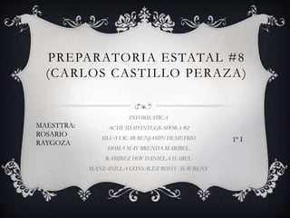 PREPARATORIA ESTATAL #8
(CARLOS CASTILLO PERAZA)
INFORMATICA
ACTIVIDAD INTEGRADORA #2
SILVA UICAB BENJAMIN DEMETRIO
HOMA MAY BRENDA MARIBEL
RAMIREZ HOY DANIELA ISABEL
MANZANILLA GONSALEZ ROSSY MAURENY
1º I
MAESTTRA:
ROSARIO
RAYGOZA
 