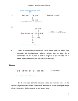 Integradora Tercer Parcial Equipo STRFKR
13
CH3
CH2 – CH3
CH3 – CH = CH – CH – CH – C – CH3
CH3 CH3
CH3
CH3
2)
3)
 Cuando un hidrocarburo contiene más de un enlace doble, se utilizan para
nombrarlo las terminaciones: -adieno, -atrieno, etc., en lugar de la
terminación eno. Se numera la cadena asignado a los carbonos con el
enlace doble los localizadores más bajos que se pueda.
Ejemplo
 Si el compuesto contiene radicales, estos se nombran como en los
alcanos, eligiendo como cadena principal del hidrocarburo la que contenga el mayor
número de enlaces dobles, aunque no sea la más larga.
CH3 – CH = C – CH – CH3 3,4-dimetil-2-hexeno
CH2
4-etil-5,6,6-trimetil-2-hepteno
CH3 – CH = CH – CH = CH – CH2 – CH3 2,4-heptadieno
Imagen 5 Hidrocarburo con dobles enlaces
Imagen 6 Hidrocarburo con dobles enlaces
Imagen 7 Hidrocarburo con dobles enlaces
Imagen 8 Hidrocarburo con dobles enlaces
 
