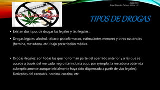 TIPOSDE DROGAS
• Existen dos tipos de drogas las legales y las ilegales :
• Drogas legales: alcohol, tabaco, psicofármacos, estimulantes menores y otras sustancias
(heroína, metadona, etc.) bajo prescripción médica.
• Drogas ilegales: son todas las que no forman parte del apartado anterior y a las que se
accede a través del mercado negro (se incluiría aquí, por ejemplo, la metadona obtenida
subrepticiamente aunque inicialmente haya sido dispensada a partir de vías legales):
Derivados del cannabis, heroína, cocaína, etc.
20/12/2015
Angel Alejandro Pacheco Molina 1.-E
 