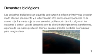 Desastres biológicos
Los desastres biológicos son aquellos que surgen al origen animal y que de algun
modo afectan al ambiente y a la humanidad.Uno de los mas importantes es la
marea roja. La marea roja es una excesiva proliferación de microalgas en los
estuarios o el mar. La alta concentración de estos microorganismos planctónicos,
algunos de los cuales producen toxinas, causan grandes pérdidas económicas
para la agricultura.
9
 