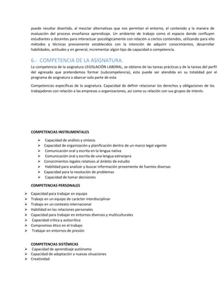 puede resultar divertido, al mezclar alternativas que nos permitan el entorno, el contenido y la manera de
evaluación del proceso enseñanza aprendizaje. Un ambiente de trabajo como el espacio donde confluyen
estudiantes y docentes para interactuar psicológicamente con relación a ciertos contenidos, utilizando para ello
métodos y técnicas previamente establecidos con la intención de adquirir conocimientos, desarrollar
habilidades, actitudes y en general, incrementar algún tipo de capacidad o competencia.

6.- COMPETENCIA DE LA ASIGNATURA.
La competencia de la asignatura LEGISLACIÓN LABORAL, se obtiene de las tareas prácticas y de la tareas del perfil
del egresado que pretendemos formar (subcompetencia), esta puede ser atendida en su totalidad por el
programa de asignatura o abarcar solo parte de esta
Competencias específicas de la asignatura. Capacidad de definir relacionar los derechos y obligaciones de los
trabajadores con relación a las empresas u organizaciones, así como su relación con sus grupos de interés.

COMPETENCIAS INSTRUMENTALES
 Capacidad de análisis y síntesis
 Capacidad de organización y planificación dentro de un marco legal vigente
 Comunicación oral y escrita en la lengua nativa
 Comunicación oral y escrita de una lengua extranjera
 Conocimientos legales relativos al ámbito de estudio
 Habilidad para analizar y buscar información proveniente de fuentes diversas
 Capacidad para la resolución de problemas
 Capacidad de tomar decisiones
COMPETENCIAS PERSONALES









Capacidad para trabajar en equipo
Trabajo en un equipo de carácter interdisciplinar
Trabajo en un contexto internacional
Habilidad en las relaciones personales
Capacidad para trabajar en entornos diversos y multiculturales
Capacidad crítica y autocrítica
Compromiso ético en el trabajo
Trabajar en entornos de presión

COMPETENCIAS SISTÉMICAS
 Capacidad de aprendizaje autónomo
 Capacidad de adaptación a nuevas situaciones
 Creatividad

 