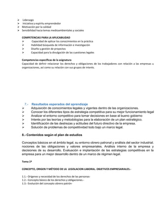  Liderazgo
 Iniciativa y espíritu emprendedor
 Motivación por la calidad
 Sensibilidad hacia temas medioambientales y sociales
COMPETENCIAS PARA LA APLICABILIDAD

Capacidad de aplicar los conocimientos en la práctica

Habilidad búsqueda de información e investigación

Diseño y gestión de proyectos

Capacidad para la divulgación de las cuestiones legales
Competencias específicas de la asignatura
Capacidad de definir relacionar los derechos y obligaciones de los trabajadores con relación a las empresas u
organizaciones, así como su relación con sus grupos de interés.

7.






Resultados esperados del aprendizaje
Adquisición de conocimientos legales y vigentes dentro de las organizaciones.
Conocer los diferentes tipos de estrategia competitiva para su mejor funcionamiento legal
Analizar el entorno competitivo para tomar decisiones en base al bueno gobierno
Interés por las teorías y metodologías para la elaboración de un plan estratégico.
Identificación de las destrezas y actitudes del futuro directivo de la empresa.
Solución de problemas de competitividad todo bajo un marco legal.

8.- Contenidos según el plan de estudios
Conceptos básicos en el ámbito legal, su entorno obrero patronal y análisis del sector industrial.
nociones de las obligaciones y valores empresariales. Análisis interno de la empresa y
decisiones de su desarrollo. Evaluación e implantación de las estrategias competitivas en la
empresa para un mejor desarrollo dentro de un marco de régimen legal.
Tema 1º
CONCEPTO, ORIGEN Y MÉTODO DE LA LEGISLACION LABORAL. OBJETIVOS EMPRESARIALES.1.1.- Orígenes y necesidad de los derechos de las personas1.2.- Concepto básico de los derechos y obligaciones.1.3.- Evolución del concepto obrero patrón-

 
