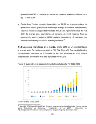 30
que realizó la EAB lo convierte en uno de los pioneros en el cumplimiento de la
ley 1715 de 2014
 Celsia Solar Yumbo, proyecto desarrollado por EPSA, es la primera planta de
generación solar a gran escala en entregar energía al Sistema Interconectado
Nacional. Tiene una capacidad instalada de 9,8 MW y generará cerca de 16,5
GWh de energía año, equivalentes al consumo de 8 mil hogares. Para su
construcción fueron instalados 35.000 módulos fotovoltaicos y 9 inversores que
transforman la energía continua en energía alterna.26
4.1.5 La energía fotovoltaica en el mundo. El año 2016 fue un año récord para
la energía solar. Se instalaron un total de 76,6 GW (Figura 3). Esa cantidad implica
un crecimiento interanual del 50% sobre los 51,2 GW instalados en 2015 y fue la
tercer tasa de crecimiento más alta registrada desde 2010.
Figura 3. Evolución de la capacidad mundial instalada solar FV 2000-2016
Fuente: OVIDIO, Holzer. 2017.
26
SALA DE PRENSA CELSIA-EPSA. Empezó a generar energía Celsia Solar Yumbo, primera
granja fotovoltaica de Colombia. Septiembre 02 de 2017. Disponible en:
http://blog.celsia.com/sala-de-prensa/empezamos-a-operar-la-granja-de-energia-solar
 