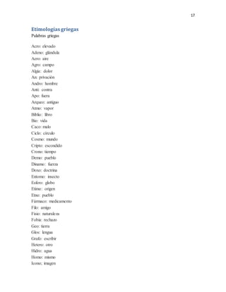 17
Etimologías griegas
Palabras griegas
Acro: elevado
Adeno: glándula
Aero: aire
Agro: campo
Algia: dolor
An: privación
Andro: hombre
Anti: contra
Apo: fuera
Arqueo: antiguo
Atmo: vapor
Biblio: libro
Bio: vida
Caco: malo
Ciclo: círculo
Cosmo: mundo
Cripto: escondido
Crono: tiempo
Demo: pueblo
Dinamo: fuerza
Doxo: doctrina
Entomo: insecto
Esfero: globo
Etimo: origen
Etno: pueblo
Fármaco: medicamento
Filo: amigo
Fisio: naturaleza
Fobia: rechazo
Geo: tierra
Glos: lengua
Grafo: escribir
Hetero: otro
Hidro: agua
Homo: mismo
Icono; imagen
 