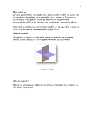3
Matemáticas
La figura geométrica es un conjunto cuyos componentes resultan ser puntos (uno
de los entes fundamentales de la geometría), por lo tanto es la Geometría la
disciplina que se ocupará de su estudio detallado, de sus principales
características: su forma, su extensión, sus propiedades y su posición relativa.
Las figuras geométricas más elementales resultan ser las siguientes: el plano, el
punto, la recta. (Martha Patricia Roríguez Zapata, 2015)
¿Qué es un plano?
Un plano es un objeto que solamente posee dos dimensiones, y contiene
infinitos puntos y rectas; es un concepto fundamental de la geometría.
Imagen 1 Plano
¿Qué es un punto?
El punto es una figura geométrica sin dimensión, sin longitud, área, volumen, ni
otro ángulo dimensional.
 