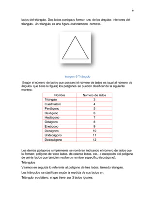6
lados del triángulo. Dos lados contiguos forman uno de los ángulos interiores del
triángulo. Un triángulo es una figura estrictamente convexa.
Imagen 6 Triángulo
Según el número de lados que posean (el número de lados es igual al número de
ángulos que tiene la figura) los polígonos se pueden clasificar de la siguiente
manera:
Nombre Número de lados
Triángulo 3
Cuadrilátero 4
Pentágono 5
Hexágono 6
Heptágono 7
Octágono 8
Eneágono 9
Decágono 10
Undecágono 11
Dodecágono 12
Los demás polígonos simplemente se nombran indicando el número de lados que
lo forman; polígono de trece lados, de catorce lados, etc., a excepción del polígono
de veinte lados que también recibe un nombre específico (icoságono).
Triángulos
Veamos en seguida lo referente al polígono de tres lados, llamado triángulo.
Los triángulos se clasifican según la medida de sus lados en:
Triángulo equilátero: el que tiene sus 3 lados iguales.
 