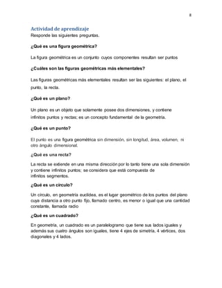 8
Actividad de aprendizaje
Responde las siguientes preguntas.
¿Qué es una figura geométrica?
La figura geométrica es un conjunto cuyos componentes resultan ser puntos
¿Cuáles son las figuras geométricas más elementales?
Las figuras geométricas más elementales resultan ser las siguientes: el plano, el
punto, la recta.
¿Qué es un plano?
Un plano es un objeto que solamente posee dos dimensiones, y contiene
infinitos puntos y rectas; es un concepto fundamental de la geometría.
¿Qué es un punto?
El punto es una figura geométrica sin dimensión, sin longitud, área, volumen, ni
otro ángulo dimensional.
¿Qué es una recta?
La recta se extiende en una misma dirección por lo tanto tiene una sola dimensión
y contiene infinitos puntos; se considera que está compuesta de
infinitos segmentos.
¿Qué es un círculo?
Un círculo, en geometría euclídea, es el lugar geométrico de los puntos del plano
cuya distancia a otro punto fijo, llamado centro, es menor o igual que una cantidad
constante, llamada radio
¿Qué es un cuadrado?
En geometría, un cuadrado es un paralelogramo que tiene sus lados iguales y
además sus cuatro ángulos son iguales, tiene 4 ejes de simetría, 4 vértices, dos
diagonales y 4 lados.
 
