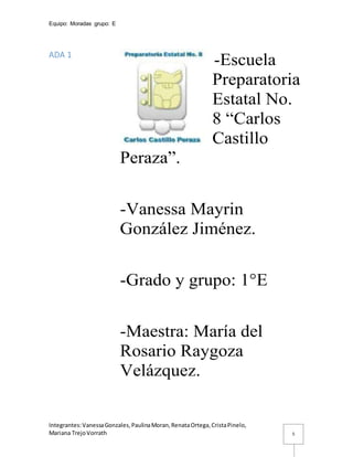 Equipo: Moradas grupo: E
Integrantes:VanessaGonzales,PaulinaMoran,RenataOrtega,CristaPinelo,
Mariana TrejoVorrath 5
ADA 1
-Escuela
Preparatoria
Estatal No.
8 “Carlos
Castillo
Peraza”.
-Vanessa Mayrin
González Jiménez.
-Grado y grupo: 1°E
-Maestra: María del
Rosario Raygoza
Velázquez.
 