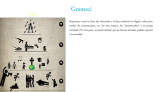 GramsciImagen
Representa como la clase alta dominaba a la baja mediante la religión, educación,
medios de comunicación, etc. De esta manera, los “domesticaban” a su propia
voluntad. Por otra parte, se puede afirmar que las fuerzas armadas podían reprimir
a la sociedad.
 