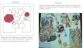 SÍMBOLO
Simboliza el poder de los trabajadores unidos bajo el socialismo, con el objetivo
de infiltrarse en todas las esferas del estado, pasando a ser parte de su
estructura interna. También el gradualismo que influenció a Bernstein.
Representa cómo mediante el sufragio la sociedad que opta por la social democracia vuelca sus ideas de
cambio dentro del Estado, que pasa de ser el tradicional a convertirse en uno integrado por los
trabajadores y la revolución.
IMAGEN
 