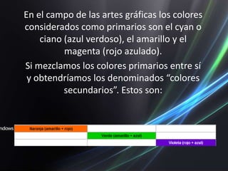 En el campo de las artes gráficas los colores considerados como primarios son el cyan o ciano (azul verdoso), el amarillo y el magenta (rojo azulado).Si mezclamos los colores primarios entre sí y obtendríamos los denominados “colores secundarios”. Estos son: