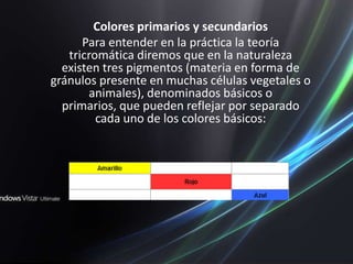 Colores primarios y secundariosPara entender en la práctica la teoría tricromática diremos que en la naturaleza existen tres pigmentos (materia en forma de gránulos presente en muchas células vegetales o animales), denominados básicos o primarios, que pueden reflejar por separado cada uno de los colores básicos: