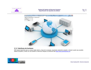 Sistema De Gestión de Recursos Humanos
Especificación de requisitos de software

Rev. 2.0
Pág. 17

3.1.2 Interfaces de hardware
GRH estará disponible para su acceso desde dentro y fuera de la empresa, requiriendo solamente conexión a intranet cuando sea accedido
desde la empresa, y contar con una conexión a internet sin bloqueo a la dirección web https://www.grhenterprise.com.

Virtual Academy MX – División de desarrollo

 