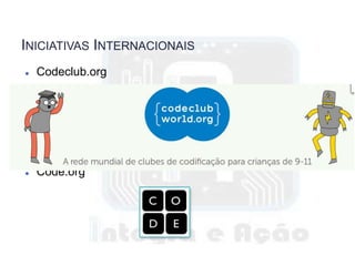 INICIATIVAS INTERNACIONAIS
 Codeclub.org
 Code.org
 