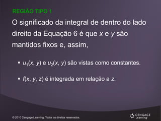REGIÃO TIPO 1

O significado da integral de dentro do lado
direito da Equação 6 é que x e y são
mantidos fixos e, assim,
 u1(x, y) e u2(x, y) são vistas como constantes.
 f(x, y, z) é integrada em relação a z.

© 2010 Cengage Learning. Todos os direitos reservados.

 