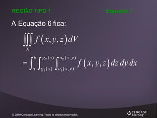 REGIÃO TIPO 1

Equação 7

A Equação 6 fica:

f  x, y, z  dV


E



b

a



g2 ( x )

g1 ( x )



u2 ( x , y )

u1 ( x , y )

© 2010 Cengage Learning. Todos os direitos reservados.

f  x, y, z  dz dy dx

 