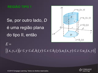 REGIÃO TIPO 1

Se, por outro lado, D
é uma região plana
do tipo II, então
E

 x, y, z  c  y  d , h ( y)  x  h ( y), u ( x, y)  z  u ( x, y)
1

© 2010 Cengage Learning. Todos os direitos reservados.

2

1

2

 