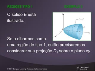 REGIÕES TIPO 1

EXEMPLO 3

O sólido E está
ilustrado.

Se o olharmos como
uma região do tipo 1, então precisaremos
considerar sua projeção D1 sobre o plano xy.

© 2010 Cengage Learning. Todos os direitos reservados.

 