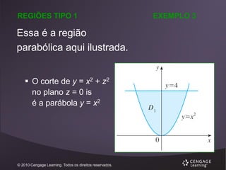 REGIÕES TIPO 1

Essa é a região
parabólica aqui ilustrada.
 O corte de y = x2 + z2
no plano z = 0 is
é a parábola y = x2

© 2010 Cengage Learning. Todos os direitos reservados.

EXEMPLO 3

 