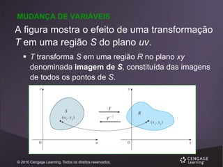 MUDANÇA DE VARIÁVEIS

A figura mostra o efeito de uma transformação
T em uma região S do plano uv.
 T transforma S em uma região R no plano xy
denominada imagem de S, constituída das imagens
de todos os pontos de S.

© 2010 Cengage Learning. Todos os direitos reservados.

 