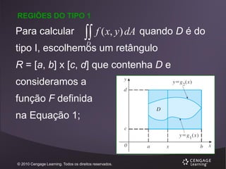 REGIÕES DO TIPO 1

Para calcular

 f ( x, y) dA quando D é do
D

tipo I, escolhemos um retângulo
R = [a, b] x [c, d] que contenha D e
consideramos a
função F definida
na Equação 1;

© 2010 Cengage Learning. Todos os direitos reservados.

 