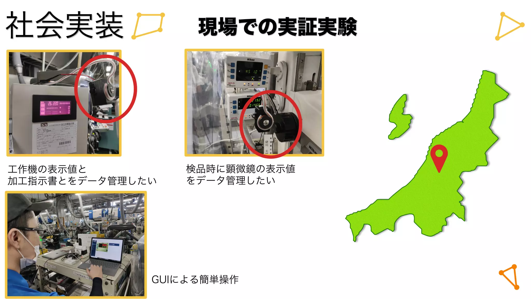 社会実装 現場での実証実験
工作機の表示値と
加工指示書とをデータ管理したい
検品時に顕微鏡の表示値
をデータ管理したい
GUIによる簡単操作
 