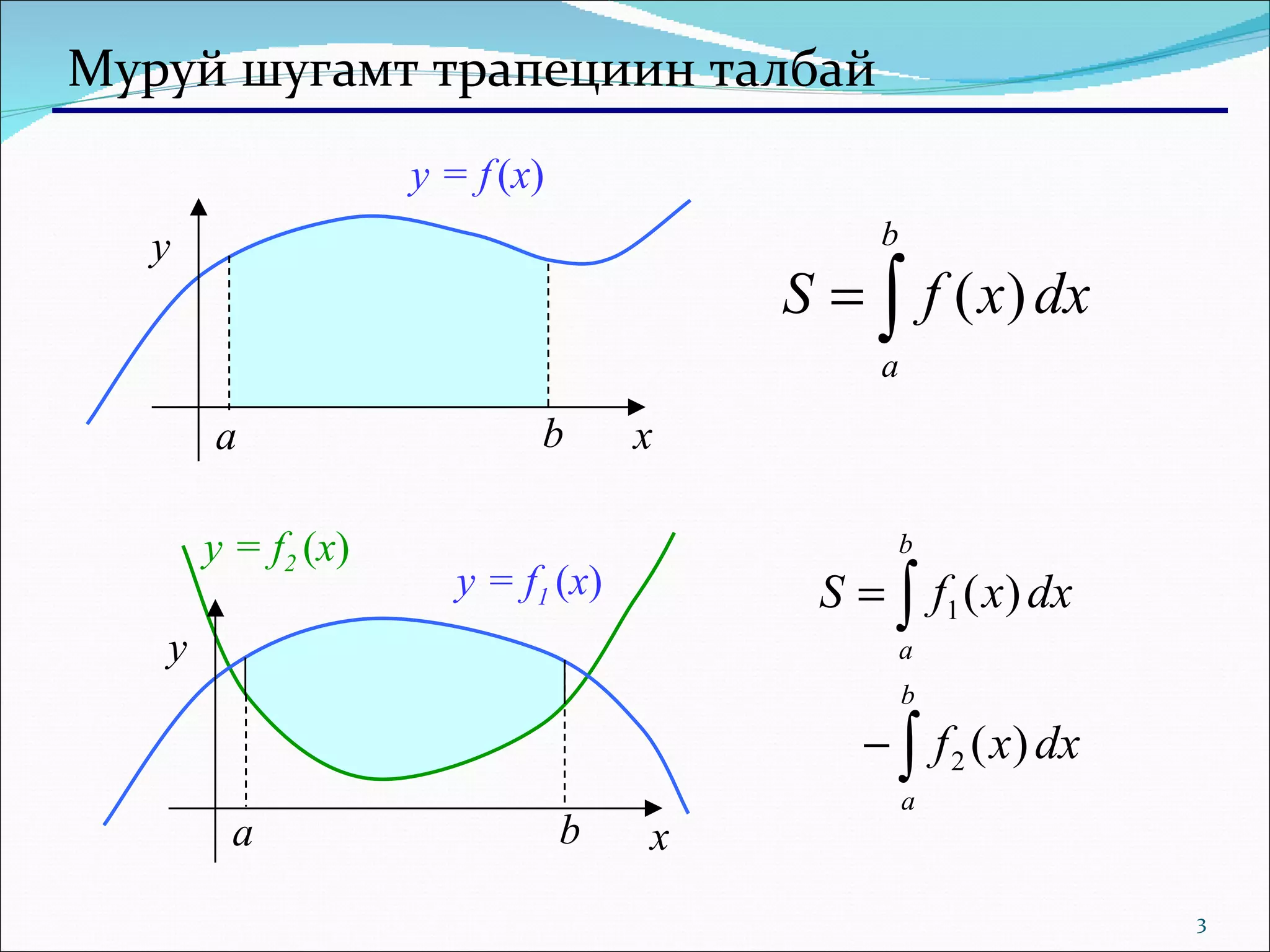 Муруй шугамт  трапеции н талбай x y b a y = f   ( x ) x y b a y = f 1  ( x ) y = f 2  ( x ) 
