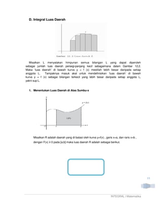 D. Integral Luas Daerah




   Misalkan L menyatakan himpunan semua bilangan L yang dapat diperoleh
sebagai jumlah luas daerah persegi-panjang kecil sebagaimana dalam Gambar 12.2.
Maka ‘luas daerah’ di bawah kurva y = f (x) mestilah lebih besar daripada setiap
anggota L.    Tampaknya masuk akal untuk mendefinisikan ‘luas daerah’ di bawah
kurva y = f (x) sebagai bilangan terkecil yang lebih besar daripada setiap anggota L,
yakni sup L.


  1. Menentukan Luas Daerah di Atas Sumbu-x




     Misalkan R adalah daerah yang di batasi oleh kurva y=f(x) , garis x=a, dan raris x=b ,
     dengan F(x) ≥ 0 pada [a,b] maka luas daerah R adalah sebagai berikut.




                                                                                              11




                                                                     INTEGRAL | Matematika
 
