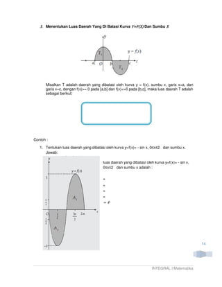3. Menentukan Luas Daerah Yang Di Batasi Kurva Y=F(X) Dan Sumbu X




      Misalkan T adalah daerah yang dibatasi oleh kurva y = f(x), sumbu x, garis x=a, dan
      garis x=c, dengan f(x)>= 0 pada [a,b] dan f(x)<=0 pada [b,c], maka luas daerah T adalah
      sebagai berikut:




Contoh :

   1. Tentukan luas daerah yang dibatasi oleh kurva y=f(x)= - sin x, 0≤x≤2 dan sumbu x.
      Jawab:

                                       luas daerah yang dibatasi oleh kurva y=f(x)= - sin x,
                                       0≤x≤2 dan sumbu x adalah :


                                       =
                                       =
                                       =
                                       =
                                       =4




                                                                                                14




                                                                     INTEGRAL | Matematika
 